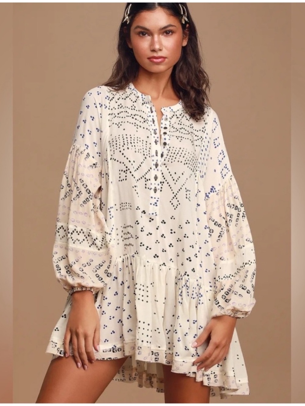 Free People Oversized White Blue Boho Peasant Tunic Blouse Mini Drees SZ Small